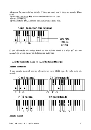 a) A nota fundamental do acorde (1a) que na qual leva o nome do acorde (C no
caso)
 b) Uma terça menor (Eb), diminuindo meio tom da terça.
 c) Uma quinta (G)
 d) Uma sétima (Bb), a sétima nota diminuindo meio tom.


           Cm7 (dó menor com sétima)


                                                     Esta nota
                                                      (Bb) é a
       C    Eb       G Bb
                                                       sétima

O que diferencia um acorde maior de um acorde menor é a terça (3a nota do
acorde), no acorde menor ela é diminuída meio tom.



   Acorde Sustenido Maior (#) e Acorde Bemol Maior (b)

Acorde Sustenido

É um acorde normal apenas elevando-se meio (1/2) tom de cada nota do
acorde.

           C (dó natural)                   C# (dó sustenido)




      C    E G                         C#     F G#

           F (fá natural)                F# (fá sustenido)




                 F    A     C                        F# Bb    C#

Acorde Bemol



COMO TOCAR TECLADO - Rafael Harduim                                        51
 
