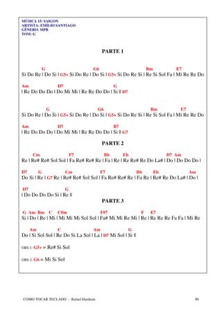 MÚSICA 15: SAIGON
ARTISTA: EMÍLIO SANTIAGO
GÊNERO: MPB
TOM: G



                                         PARTE 1


              G                     G6                            Bm           E7
Si Do Re | Do Si | G5+ Si Do Re | Do Si | G5+ Si Do Re Si | Re Si Sol Fa | Mi Re Re Do

Am                    D7                        G
| Re Do Do Do | Do Mi Mi | Re Re Do Do | Si || D7


                  G                   G6                           Bm           E7
Si Do Re | Do Si | G5+ Si Do Re | Do Si | G5+ Si Do Re Si | Re Si Sol Fa | Mi Re Re Do

Am                    D7                        B7
| Re Do Do Do | Do Mi Mi | Re Re Do Do | Si || G7

                                         PARTE 2

     Cm                        F7          Bb        Eb                     D7 Am
Re | Re# Re# Sol Sol | Fa Re# Re# Re | Fa | Re | Re Re# Re Do La# | Do | Do Do Do |

D7        G                Cm            F7                  Bb        Eb            Am
Do Si | Re | G7 Re | Re# Re# Sol Sol | Fa Re# Re# Re | Fa Re | Re# Re Do La# | Do |

D7                         G
| Do Do Do Do Si | Re ||
                                         PARTE 3

G Am Bm C             C#m                F#7                  F    E7
Si | Do | Re | Mi | Mi Mi Mi Sol Sol | Fa# Mi Mi Re Mi | Re | Re Re Re Fa Fa | Mi Re

     Am               C             Am                G
Do | Si Sol Sol | Re Do Si La Sol | La | D7 Mi Sol | Si ||

OBS 1: G5+    = Re# Si Sol

OBS 2: G6   = Mi Si Sol




COMO TOCAR TECLADO - Rafael Harduim                                                   90
 