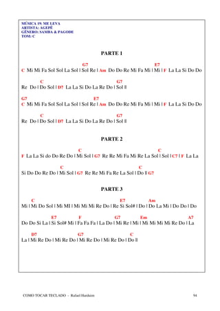 MÚSICA 19: ME LEVA
ARTISTA: AGEPÊ
GÊNERO: SAMBA & PAGODE
TOM: C



                                      PARTE 1

                               G7                               E7
C Mi Mi Fa Sol Sol La Sol | Sol Re | Am Do Do Re Mi Fa Mi | Mi | F La La Si Do Do

         C                                  G7
Re Do | Do Sol | D7 La La Si Do La Re Do | Sol ||

G7                               E7
C Mi Mi Fa Sol Sol La Sol | Sol Re | Am Do Do Re Mi Fa Mi | Mi | F La La Si Do Do

         C                                  G7
Re Do | Do Sol | D7 La La Si Do La Re Do | Sol ||


                                      PARTE 2

                           C                                       C
F La La Si do Do Re Do | Mi Sol | G7 Re Re Mi Fa Mi Re La Sol | Sol | C7 | F La La

                   C                                     C
Si Do Do Re Do | Mi Sol | G7 Re Re Mi Fa Re La Sol | Do || G7


                                      PARTE 3

    C                                         E7              Am
Mi | Mi Do Sol | Mi MI | Mi Mi Mi Re Do | Re Si Sol# | Do | Do La Mi | Do Do | Do

              E7           F               G7            Em                   A7
Do Do Si La | Si Sol# Mi | Fa Fa Fa | La Do | Mi Re | Mi | Mi Mi Mi Mi Re Do | La

    D7                    G7                        C
La | Mi Re Do | Mi Re Do | Mi Re Do | Mi Re Do | Do ||




COMO TOCAR TECLADO - Rafael Harduim                                             94
 
