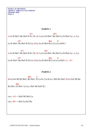 COMO TOCAR TECLADO - Rafael Harduim 101
MÚSICA 26: MENTIRAS
ARTISTA: ADRIANA CALCANHOTO
GÊNERO: MPB
TOM: A
PARTE 1
A7+ D7+
A La Si Do# | Re Do# Si Si | Si | D | La La Si Do# | Re Do# La Si Do# La | A | La
A7+ Dm E
La Si Do# | Re Do# Si Si La | D La La Si Do# Re La La La Sol# ||
A7+ D7+
A La Si Do# | Re Do# Si Si | Si | D | La La Si Do# | Re Do# La Si Do# La | A | La
A7+ Dm E
La Si Do# | Re Do# Si Si La | D La La Si Do# Re La La La Sol# || A – A7+
PARTE 2
Dm A
D La Fa# Mi Re Do# | Re Do# | Si La Si | La Si La | Do# Re Do# | D La Fa# Mi Re
Dm
Re Do# | Si Do# | La La | Do# Mi Sol# Si |
OBS 1: A7+ = Sol# Mi Do# La
OBS 2: D7+ = Do# La Fa# Re
 