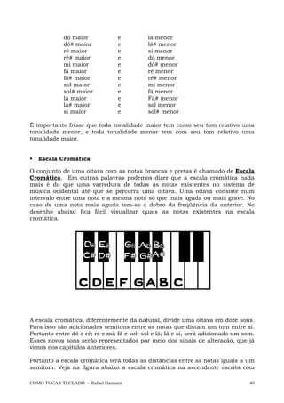 COMO TOCAR TECLADO - Rafael Harduim 40
dó maior e lá menor
dó# maior e lá# menor
ré maior e si menor
ré# maior e dó menor
mi maior e dó# menor
fá maior e ré menor
fá# maior e ré# menor
sol maior e mi menor
sol# maior e fá menor
lá maior e Fá# menor
lá# maior e sol menor
si maior e sol# menor
É importante frisar que toda tonalidade maior tem como seu tom relativo uma
tonalidade menor, e toda tonalidade menor tem com seu tom relativo uma
tonalidade maior.
Escala Cromática
O conjunto de uma oitava com as notas brancas e pretas é chamado de Escala
Cromática. Em outras palavras podemos dizer que a escala cromática nada
mais é do que uma varredura de todas as notas existentes no sistema de
música ocidental até que se percorra uma oitava. Uma oitava consiste num
intervalo entre uma nota e a mesma nota só que mais aguda ou mais grave. No
caso de uma nota mais aguda tem-se o dobro da freqüência da anterior. No
desenho abaixo fica fácil visualizar quais as notas existentes na escala
cromática.
A escala cromática, diferentemente da natural, divide uma oitava em doze sons.
Para isso são adicionados semitons entre as notas que distam um tom entre si.
Portanto entre dó e ré; ré e mi; fá e sol; sol e lá; lá e si, será adicionado um som.
Esses novos sons serão representados por meio dos sinais de alteração, que já
vimos nos capítulos anteriores.
Portanto a escala cromática terá todas as distâncias entre as notas iguais a um
semitom. Veja na figura abaixo a escala cromática na ascendente escrita com
 
