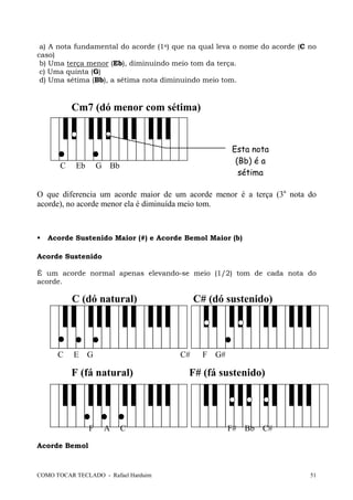 COMO TOCAR TECLADO - Rafael Harduim 51
a) A nota fundamental do acorde (1a) que na qual leva o nome do acorde (C no
caso)
b) Uma terça menor (Eb), diminuindo meio tom da terça.
c) Uma quinta (G)
d) Uma sétima (Bb), a sétima nota diminuindo meio tom.
Cm7 (dó menor com sétima)
C Eb G Bb
O que diferencia um acorde maior de um acorde menor é a terça (3a
nota do
acorde), no acorde menor ela é diminuída meio tom.
Acorde Sustenido Maior (#) e Acorde Bemol Maior (b)
Acorde Sustenido
É um acorde normal apenas elevando-se meio (1/2) tom de cada nota do
acorde.
C (dó natural) C# (dó sustenido)
C E G C# F G#
F (fá natural) F# (fá sustenido)
F A C F# Bb C#
Acorde Bemol
Esta nota
(Bb) é a
sétima
 