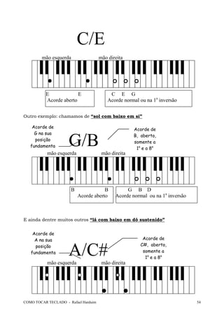 COMO TOCAR TECLADO - Rafael Harduim 54
C/E
mão esquerda mão direita
E E C E G
Acorde aberto Acorde normal ou na 1a
inversão
Outro exemplo: chamamos de “sol com baixo em si”
G/Bmão esquerda mão direita
B B G B D
Acorde aberto Acorde normal ou na 1a
inversão
E ainda dentre muitos outros “lá com baixo em dó sustenido”
A/C#mão esquerda mão direita
Acorde de
G na sua
posição
fundamenta
l
Acorde de
B, aberto,
somente a
1a
e a 8a
nota do
Acorde de
C#, aberto,
somente a
1a
e a 8a
nota do
Acorde de
A na sua
posição
fundamenta
l
 