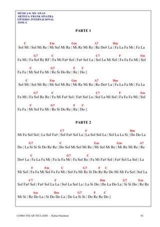 COMO TOCAR TECLADO - Rafael Harduim 83
MÚSICA 8: MY AWAY
ARTISTA: FRANK SINATRA
GÊNERO: INTERNACIONAL
TOM: C
PARTE 1
C Em Gm A7 Dm
Sol Mi | Sol Mi Re | Mi Sol Mi Re | Mi Re Mi Re | Re Do# La | Fa La Fa Mi | Fa La
G7 C C7 F Fm
Fa Mi | Fa Sol Re RF | Fa Mi Fa# Sol | Fa# Sol La | Sol La Mi Sol | Fa Fa Fa Mi | Sol
C G7 F C
Fa Fa | Mi Sol Fa Mi | Re Si Do Re | Re | Do ||
C Em Gm A7 Dm
Sol Mi | Sol Mi Re | Mi Sol Mi Re | Mi Re Mi Re | Re Do# La | Fa La Fa Mi | Fa La
G7 C C7 F Fm
Fa Mi | Fa Sol Re Re | Fa Mi Fa# Sol | Fa# Sol La | Sol La Mi Sol | Fa Fa Fa Mi | Sol
C G7 F C
Fa Fa | Mi Sol Fa Mi | Re Si Do Re | Re | Do ||
PARTE 2
C7 F Dm
Mi Fa Sol Sol | La Sol Fa# | Sol Fa# Sol La | La Sol Sol La | Sol La La Si | Do Do La
G7 C Em Gm A7
Do | La Si Si Si Do Re Re | Do Sol Mi Sol Mi Re | Mi Sol Mi Re | Mi Re Mi Re | Re
C G7 C
Do# La | Fa La Fa Mi | Fa la Fa Mi | Fa Sol Re | Fa Mi Fa# Sol | Fa# Sol La Sol | La
F Fm C G7 F C
Mi Sol | Fa Fa Mi Sol Fa Fa Mi | Sol Fa Mi Re Si Do Re Re Do Mi Mi Fa Sol | Sol La
C7 F Dm G7 Em
Sol Fa# Sol | Fa# Sol La La | Sol La Sol La | La Si Do | Do La Do La | Si Si Do | Re Re
Am Dm G7 F C
Mi Si | Re Do La | Si Do Do La | Do La Si Si | Do Re Re Do ||
 