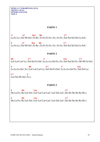 COMO TOCAR TECLADO - Rafael Harduim 92
MÚSICA 17: PARABÉNS DA XUXA
ARTISTA: XUXA
GÊNERO: INFANTIL
TOM: F
PARTE 1
F A7 Dm Bb C7
La Fa La | Sol Mi Sol | Fa Re | Fa Fa Fa Fa | Fa | Fa Fa | Sol Sol Sol Sol La Sol |
F A7 Dm Bb C7
La Fa La | Sol Mi Sol | Fa Re | Fa Fa Fa Fa | Fa | Fa Fa | Sol Sol Sol Sol La Sol |
PARTE 2
Bb C7 F Gm C7
La# La# La# La | Sol Sol Fa Sol | La La La Sol Fa | Fa | Sol Sol Sol Fa | Mi Mi Fa Sol |
F Bb C7 F Gm
La La La Sol | Fa | La# La# La# La | Sol Sol Fa Sol | La La La Sol Fa | Sol Sol La |
C7 F
La# Sol Mi Sol | Fa ||
PARTE 3
F Bb Gm C7
Do La Fa | Re La# Sol | La# La# La# La# | La# Sol La# | Do Do Do Do Re Do ||
F Bb Gm C7
Do La Fa | Re La# Sol | La# La# La# La# | La# Sol La# | Do Do Do Do Re Do ||
 