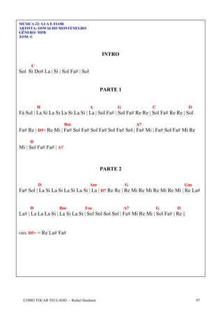 COMO TOCAR TECLADO - Rafael Harduim 97
MÚSICA 22: LUA E FLOR
ARTISTA: OSWALDO MONTENEGRO
GÊNERO: MPB
TOM: C
INTRO
C
Sol Si Do# La | Si | Sol Fa# | Sol
PARTE 1
D A G C D
Fá Sol | La Si La Si La Si La Si | La | Sol Fa# | Sol Fa# Re Re | Sol Fa# Re Re | Sol
Bm A7
Fa# Re | D5+ Re Mi | Fa# Sol Fa# Sol Fa# Sol Fa# Sol | Fa# Mi | Fa# Sol Fa# Mi Re
D
Mi | Sol Fa# Fa# | A7
PARTE 2
D Am G Gm
Fa# Sol | La Si La Si La Si La Si | La | D7 Re Re | Re Mi Re Mi Re Mi Re Mi | Re La#
D Bm Em A7 G D
La# | La La La Si | La Si La Si | Sol Sol Sol Sol | Fa# Mi Re Mi | Sol Fa# | Re ||
OBS: D5+ = Re La# Fa#
 