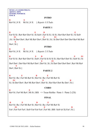 COMO TOCAR TECLADO - Rafael Harduim 98
MÚSICA 23: RÁDIO PIRATA
ARTISTA: RPM
GÊNERO: POP/ROCK
TOM: B
INTRO
B E
Re# Si || 8 X Mi Si || 8 X { Repetir 3 X Tudo
PARTE 1
B E B E
Fa# Si Si | Re# Re# Do# Si | Si Sol# | Fa# Si Si | Si Si | Re# Re# Do# Si | Si Sol#
F# E F#
| Si | Si Do# Do# | Re# Mi Re# Do# | Do# Si | Si | Si Do# Do# Do# Do# Re# Mi Re#
E
Do# | Si ||
INTRO
B E
Re# Si || 8 X Mi Si || 8 X { Repetir 2 X Tudo
B E B E F#
Fa# Si Si | Re# Re# Do# Si | Sol# | Fa# Si Si Si Si Si | Re# Re# Do# Si | Sol# Si | Si
E F#
Do# Do# | Do# Re# Mi Re# Do# | Do# Si | Si | Si Do# Do# Do# Do# | Re# Mi Re#
E
Do# | Do# Si ||
PARTE 2
B E B E
Re# Si | Re | Fa# Mi Re# Si | Re# Si | Re | Fa# Mi Re# Si
F# E B
Si | Si Do# Do# | Re# Mi Re# Do# | Do# Si | Re# Re# Do# Re Do# | Si ||
CORO
B E
Re# Si | Fa# Mi Re# | Mi Si | BIS => Tocar Refrão / Parte 1 / Parte 2 (2X)
FINAL
B E B E
Re# Si | Re | Fa# Mi Re# Si | Re# Si | Re | Fa# Mi Re# Si
F# E B
Fa# | Fa# Fa# Fa# | Sol# Fa# Fa# Fa# | Fa# Mi | BIS Sol# (6 X) Fa# | Si ||
 