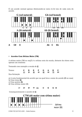 É um acorde normal apenas diminuindo-se meio (1/2) tom de cada nota do
acorde.

G (sol natural)

G

B

Gb (sol bemol)

D

Gb Bb Db

A (lá natural)

A

C#

Ab (lá bemol)

E

Ab

C

Eb

Acordes Com Sétima Maior (7M)
A sétima maior (7M ou maj7) é a sétima nota da escala, distante da oitava nota
apenas um semitom:
Tomando com exemplo a escala de C:
Temos:

C
1a

D
2a

E
3a

F
4a

G
5a

A
6a

B
7a

C
8a

Sua formação
a) A nota fundamental do acorde que na qual leva o nome do acorde (C no caso)
b) Uma terça (E)
c) Uma quinta (G)
d) Uma sétima maior (B)
1a

3a

5a

7a

ou

C

E

G

B

Consequentemente o acorde de C:

C7M (dó maior com sétima maior)

Sétima
maior (B)
COMO TOCAR TECLADO - Rafael Harduim

52

 