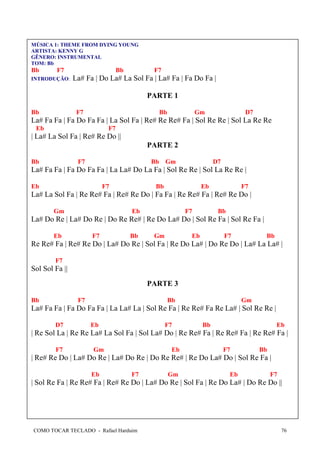MÚSICA 1: THEME FROM DYING YOUNG
ARTISTA: KENNY G
GÊNERO: INSTRUMENTAL
TOM: Bb

Bb

F7

INTRODUÇÃO:

Bb

F7

La# Fa | Do La# La Sol Fa | La# Fa | Fa Do Fa |
PARTE 1

Bb

F7

Bb

Gm

D7

La# Fa Fa | Fa Do Fa Fa | La Sol Fa | Re# Re Re# Fa | Sol Re Re | Sol La Re Re
Eb

F7

| La# La Sol Fa | Re# Re Do ||
PARTE 2
Bb

F7

Bb Gm

D7

La# Fa Fa | Fa Do Fa Fa | La La# Do La Fa | Sol Re Re | Sol La Re Re |
Eb

F7

Bb

Eb

F7

La# La Sol Fa | Re Re# Fa | Re# Re Do | Fa Fa | Re Re# Fa | Re# Re Do |
Gm

Eb

F7

Bb

La# Do Re | La# Do Re | Do Re Re# | Re Do La# Do | Sol Re Fa | Sol Re Fa |
Eb

F7

Bb

Gm

Eb

F7

Bb

Re Re# Fa | Re# Re Do | La# Do Re | Sol Fa | Re Do La# | Do Re Do | La# La La# |
F7

Sol Sol Fa ||
PARTE 3
Bb

F7

Bb

Gm

La# Fa Fa | Fa Do Fa Fa | La La# La | Sol Re Fa | Re Re# Fa Re La# | Sol Re Re |
D7

Eb

F7

Bb

Eb

| Re Sol La | Re Re La# La Sol Fa | Sol La# Do | Re Re# Fa | Re Re# Fa | Re Re# Fa |
F7

Gm

Eb

F7

Bb

| Re# Re Do | La# Do Re | La# Do Re | Do Re Re# | Re Do La# Do | Sol Re Fa |
Eb

F7

Gm

Eb

F7

| Sol Re Fa | Re Re# Fa | Re# Re Do | La# Do Re | Sol Fa | Re Do La# | Do Re Do ||

COMO TOCAR TECLADO - Rafael Harduim

76

 