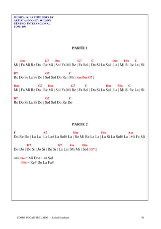 MÚSICA 16: AS TIME GOES BY
ARTISTA: DOOLEY WILSON
GÊNERO: INTERNACIONAL
TOM: DM

PARTE 1
Dm

G7

Dm

G7

C

Dm

F#o

C

Mi | Fa Mi Re Do | Re Mi | Sol Fa Mi Re | Fa Sol | Do Si La Sol | La | Mi Si Re La | Si
D7

G7

C

Re Do Si La Si Do | Sol Sol Do Re | Mi | Am Dm G7 |
Dm

G7

Dm

G7

C

Dm

F#o

C

Mi | Fa Mi Re Do | Re Mi | Sol Fa Mi Re | Fa Sol | Do Si La Sol | La | Mi Si Re La | Si
D7

G7

C

Re Do Si La Si Do | Sol Sol Do Re Do

PARTE 2
F

A7

Dm

F#o

Am

Do Re Do | La La | La La# La Sol# La | Re Mi Re La La | La Si La Sol# La | Mi Fa Mi
D7

G7

Go

Dm

Do Do | Do Si Do Si | Re Si | La La | Mi Mi | Sol | G7 ||
= Mi Do# La# Sol
F#o = Re# Do La Fa#

OBS: Go

COMO TOCAR TECLADO - Rafael Harduim

91

 