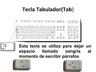 Tecla Tabulador(Tab)
Esta tecla se utiliza para dejar un
espacio llamado sangría al
momento de escribir párrafos
 