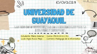 UNIVERSIDAD DE
UNIVERSIDAD DE
GUAYAQUIL
GUAYAQUIL
LAS TICS COMO HERRAMIENTAS COMUNICACIONALES PARA LA
INCLUSIÓN Y DISCAPACID.
Estudiante: Milena Galarza Curso: PEI-S-CO-2-2 A-2
Lcda: Digna Rocio Mejia Carrera: Pedagogia de la Informatica
10/01/2023
 