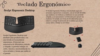 El Sculpt Ergonomic Desktop está diseñado según los
principios ergonómicos avanzados, con un teclado dividido
que mantiene sus muñecas y antebrazos en una posición
relajada, y un reposamanos acolchonado para apoyar sus
muñecas. El teclado con forma de bóveda trabaja para
reducir y corregir la pronación de la muñeca que puede
causar dolor y limitar su movilidad.
Sculpt Ergonomic Desktop está
diseñado para productividad, con
una mirada en la excelencia
ergonómica. Al proveer una
experiencia de informática cómoda
y relajada, le permite trabajar sin
estrés, tensión e incomodidad de los
otros teclados y mouse que usaba en
el pasado.
Sculpt Ergonomic Desktop
 