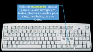Teclas de navegação - usadas
para o usuário navegar em
textos, planilhas e janelas, para
cima, para baixo, para os
lados.
 