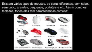 Existem vários tipos de mouses, de cores diferentes, com cabo,
sem cabo, grandes, pequenos, portáteis e etc. Assim como os
teclados, todos eles têm características comuns:
 