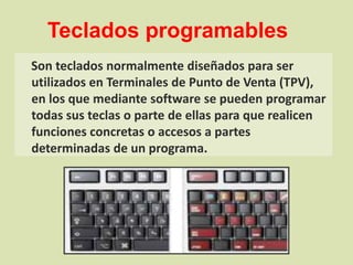 Teclados programables Son teclados normalmente diseñados para ser utilizados en Terminales de Punto de Venta (TPV), en los que mediante software se pueden programar todas sus teclas o parte de ellas para que realicen funciones concretas o accesos a partes determinadas de un programa.