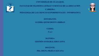 UNIVERSIDAD DE GUAYAQUIL
FACULTAD DE FILOSOFIA LETRAS Y CIENCIAS DE LA EDUCACIÓN
CARRERA:
PEDAGOGIA DE LAS CIENCIAS EXPERIMENTALES - INFORMATICA
ESTUDIANTE:
GUERRA QUIMI DONNY JORDAN
CURSO:
5 A-2
MATERIA:
GESTIÓN INTEGRAL EDUCATIVA
DOCENTE:
MSc. DIGNA MEJÍA CAGUANA
 