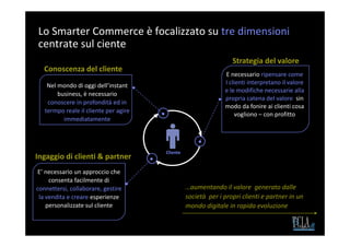 Lo Smarter Commerce è focalizzato su tre dimensioni
centrate sul ciente
                                                                  Strategia del valore
   Conoscenza del cliente
                                                               E necessario ripensare come
    Nel mondo di oggi dell’instant                             I clienti interpretano il valore
                                                               e le modifiche necessarie alla
        business, è necessario
                                                               propria catena del valore sin
    conoscere in profondità ed in
                                                               modo da fonire ai clienti cosa
   termpo reale il cliente per agire
                                                                   vogliono – con profitto
          immediatamente



                                       Cliente
Ingaggio di clienti & partner
E’ necessario un approccio che
     consenta facilmente di
connettersi, collaborare, gestire                …aumentando il valore generato dalle
 la vendita e creare esperienze                  società per i propri clienti e partner in un
    personalizzate sul cliente                   mondo digitale in rapida evoluzione
 