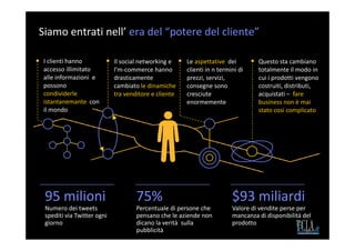 Siamo entrati nell’ era del “potere del cliente”

 I clienti hanno            Il social networking e    Le aspettative dei         Questo sta cambiano
 accesso illimitato         l’m-commerce hanno        clienti in n termini di    totalmente il modo in
 alle informazioni e        drasticamente             prezzi, servizi,           cui i prodotti vengono
 possono                    cambiato le dinamiche     consegne sono              costruiti, distributi,
 condividerle               tra venditore e cliente   cresciute                  acquistati – fare
 istantanemante con                                   enormemente                business non è mai
 il mondo                                                                        stato così complicato




 95 milioni                         75%                                 $93 miliardi
 Numero dei tweets                  Percentuale di persone che          Valore di vendite perse per
 spediti via Twitter ogni           pensano che le aziende non          mancanza di disponibilità del
 giorno                             dicano la verità sulla              prodotto
                                    pubblicità
 