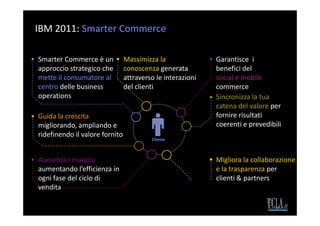 IBM 2011: Smarter Commerce

Smarter Commerce è un           Massimizza la               Garantisce i
approccio strategico che        conoscenza generata         benefici del
mette il consumatore al         attraverso le interazioni   social e mobile
centro delle business           del clienti                 commerce
operations                                                  Sincronizza la tua
                                                            catena del valore per
Guida la crescita                                           fornire risultati
migliorando, ampliando e                                    coerenti e prevedibili
ridefinendo il valore fornito
                                         Cliente



Aumenta i margini                                           Migliora la collaborazione
aumentando l’efficienza in                                  e la trasparenza per
ogni fase del ciclo di                                      clienti & partners
vendita
 