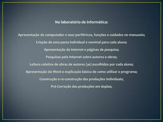 No laboratório de informática:


Apresentação do computador e seus periféricos, funções e cuidados no manuseio;

           Criação de uma pasta individual e nominal para cada aluno;

                Apresentação da Internet e páginas de pesquisa;

                 Pesquisas pela Internet sobre autores e obras;

       Leitura coletiva de obras de autores (as) escolhidos por cada aluno;

    Apresentação do Word e explicação básica de como utilizar o programa;

             Construção e re-construção das produções individuais;

                    Pré-Correção das produções em duplas;
 