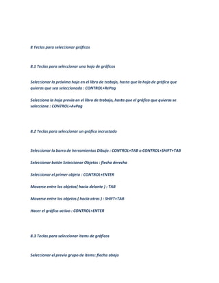 8 Teclas para seleccionar gráficos



8.1 Teclas para seleccionar una hoja de gráficos


Seleccionar la próxima hoja en el libro de trabajo, hasta que la hoja de gráfico que
quieras que sea seleccionada : CONTROL+RePag

Selecciona la hoja previa en el libro de trabajo, hasta que el gráfico que quieras se
seleccione : CONTROL+AvPag




8.2 Teclas para seleccionar un gráfico incrustado



Seleccionar la barra de herramientas Dibujo : CONTROL+TAB o CONTROL+SHIFT+TAB

Seleccionar botón Seleccionar Objetos : flecha derecha

Seleccionar el primer objeto : CONTROL+ENTER

Moverse entre los objetos( hacia delante ) : TAB

Moverse entre los objetos ( hacia atras ) : SHIFT+TAB

Hacer el gráfico activo : CONTROL+ENTER




8.3 Teclas para seleccionar items de gráficos



Seleccionar el previo grupo de items: flecha abajo
 
