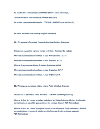 No ocultar filas seleccionadas : CONTROL+SHIFT+( (abrir parentésis )

Ocultar columnas seleccioanadas : CONTROL+0 (cero)

No ocultar columnas seleccionadas : CONTROL+SHIFT+) (cerrar paréntesis)




11 Teclas para usar con Tablas y Gráficos dinámicos



11.1 Teclas para informes de Tablas dinámicas y Gráficos dinámicos



Seleccionar el proximo o previo campo en la lista : flecha arriba o abajo

Moverse al campo seleccionado en el área de la columna : ALT+C

Moverse al campo seleccionado en el área de datos: ALT+D

Mostrar la ventana de dálogo de tablas dinámicas : ALT+L

Moverse al campo seleccionado en el área de página: ALT+P

Moverse al campo seleccionado en el área de fila : ALT+R




11.2 Teclas para campos de página en una Tabla o Gráfica dinámica



Seleccionar el informe de Tabla dinámica : CONTROL+SHIFT+* (asterisco)

Mostrar la lista del campo actual en un informe de Tabla dinámica : Flechas de dirección
para seleccionar las celdas que contienen los campos, después ALT+flecha abajo

Mostrar la lista del campo de páginas actual en un informe de Grafica dinámica : Flechas
para seleccionar el campo de página en el informe de Gráfica animada, después
ALT+flecha abajo
 