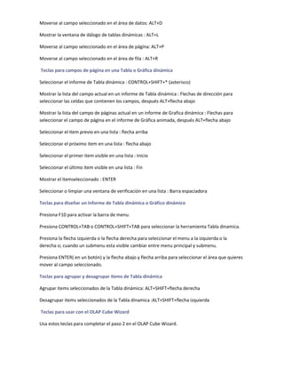 Moverse al campo seleccionado en el área de datos: ALT+D

Mostrar la ventana de dálogo de tablas dinámicas : ALT+L

Moverse al campo seleccionado en el área de página: ALT+P

Moverse al campo seleccionado en el área de fila : ALT+R

Teclas para campos de página en una Tabla o Gráfica dinámica

Seleccionar el informe de Tabla dinámica : CONTROL+SHIFT+* (asterisco)

Mostrar la lista del campo actual en un informe de Tabla dinámica : Flechas de dirección para
seleccionar las celdas que contienen los campos, después ALT+flecha abajo

Mostrar la lista del campo de páginas actual en un informe de Grafica dinámica : Flechas para
seleccionar el campo de página en el informe de Gráfica animada, después ALT+flecha abajo

Seleccionar el item previo en una lista : flecha arriba

Seleccionar el próximo item en una lista : flecha abajo

Seleccionar el primer item visible en una lista : Inicio

Seleccionar el último item visible en una lista : Fin

Mostrar el itemseleccionado : ENTER

Seleccionar o limpiar una ventana de verificación en una lista : Barra espaciadora

Teclas para diseñar un informe de Tabla dinámica o Gráfico dinámico

Presiona F10 para activar la barra de menu.

Presiona CONTROL+TAB o CONTROL+SHIFT+TAB para seleccionar la herramienta Tabla dinamica.

Presiona la flecha izquierda o la flecha derecha para seleccionar el menu a la izquierda o la
derecha o; cuando un submenu esta visible cambiar entre menu principal y submenu.

Presiona ENTER( en un botón) y la flecha abajo y flecha arriba para seleccionar el área que quieres
mover al campo seleccionado.

Teclas para agrupar y desagrupar items de Tabla dinámica

Agrupar items seleccionados de la Tabla dinámica: ALT+SHIFT+flecha derecha

Desagrupar items seleccionados de la Tabla dinamica :ALT+SHIFT+flecha izquierda

Teclas para usar con el OLAP Cube Wizard

Usa estos teclas para completar el paso 2 en el OLAP Cube Wizard.
 