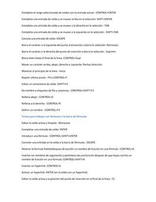 Completa el rango seleccionado de celdas con la entrada actual : CONTROL+ENTER

Completa una entrada de celda y se mueve arriba en la selección: SHIFT+ENTER

Completa una entrada de celda y se mueve a la derecha en la selección : TAB

Completa una entrada de celda y se mueve a la izquierda en la selección : SHIFT+TAB

Cancela una entrada de celda: ESCAPE

Borra el carácter a la izquierda del punto d einserción o borra la selección: Retroceso

Borra el carácter a la derecha del punto de inserción o borra la selección : Suprimir

Borra texto hasta el final de la linea :CONTROL+Supr

Mover un carácter arriba, abajo, derecha e izquierda: flechas dirección

Moverse al principio de la linea : Inicio

Repetir última acción : F4 o CONTROL+Y

Editar un comentario de celda: SHIFT+F2

Da nombre a etiquetas de fila y columnas : CONTROL+SHIFT+F3

Rellena abajo : CONTROL+D

Rellena a la derecha : CONTROL+R

Definir un nombre : CONTROL+F3

Teclas para trabajar con fórmulas o la barra de fórmulas

Editar la celda activa y límpiala : Retroceso

Completar una entrada de celda: ENTER

Introducir una fórmula : CONTROL+SHIFT+ENTER

Cancelar una entrada en la celda o la barra de fórmulas : ESCAPE

Mostrar la formula Palettedespues de escribir un nombre de función en una fórmula : CONTROL+A

Insertar los nombres de argumento y paréntesis de una función despues de que hayas escrito un
nombre de función en una fórmula: CONTROL+SHIFT+A

Insertar un hyperlink: CONTROL+K

Activar un hyperlink: ENTER (en la celda con un hyperlink)

Editar la celda activa y la posición del punto de inserción en el final de la linea : F2
 