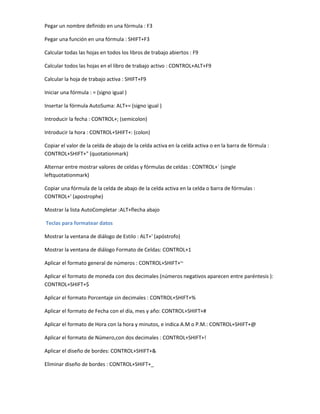 Pegar un nombre definido en una fórmula : F3

Pegar una función en una fórmula : SHIFT+F3

Calcular todas las hojas en todos los libros de trabajo abiertos : F9

Calcular todos las hojas en el libro de trabajo activo : CONTROL+ALT+F9

Calcular la hoja de trabajo activa : SHIFT+F9

Iniciar una fórmula : = (signo igual )

Insertar la fórmula AutoSuma: ALT+= (signo igual )

Introducir la fecha : CONTROL+; (semicolon)

Introducir la hora : CONTROL+SHIFT+: (colon)

Copiar el valor de la celda de abajo de la celda activa en la celda activa o en la barra de fórmula :
CONTROL+SHIFT+" (quotationmark)

Alternar entre mostrar valores de celdas y fórmulas de celdas : CONTROL+` (single
leftquotationmark)

Copiar una fórmula de la celda de abajo de la celda activa en la celda o barra de fórmulas :
CONTROL+' (apostrophe)

Mostrar la lista AutoCompletar :ALT+flecha abajo

Teclas para formatear datos

Mostrar la ventana de diálogo de Estilo : ALT+' (apóstrofo)

Mostrar la ventana de diálogo Formato de Celdas: CONTROL+1

Aplicar el formato general de números : CONTROL+SHIFT+~

Aplicar el formato de moneda con dos decimales (números negativos aparecen entre paréntesis ):
CONTROL+SHIFT+$

Aplicar el formato Porcentaje sin decimales : CONTROL+SHIFT+%

Aplicar el formato de Fecha con el día, mes y año: CONTROL+SHIFT+#

Aplicar el formato de Hora con la hora y minutos, e indica A.M o P.M.: CONTROL+SHIFT+@

Aplicar el formato de Número,con dos decimales : CONTROL+SHIFT+!

Aplicar el diseño de bordes: CONTROL+SHIFT+&

Eliminar diseño de bordes : CONTROL+SHIFT+_
 