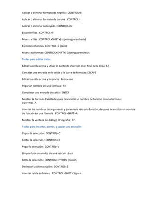 Aplicar o eliminar formato de negrilla : CONTROL+B

Aplicar o eliminar formato de cursiva : CONTROL+I

Aplicar o eliminar subrayado : CONTROL+U

Esconde filas : CONTROL+9

Muestra filas : CONTROL+SHIFT+( (openingparenthesis)

Esconde columnas: CONTROL+0 (zero)

Muestracolumnas: CONTROL+SHIFT+) (closing parenthesis

Teclas para editar datos

Editar la celda activa y situar el punto de inserción en el final de la linea: F2

Cancelar una entrada en la celda o la barra de formulas: ESCAPE

Editar la celda activa y limpiarla : Retroceso

Pegar un nombre en una fórmula : F3

Completar una entrada de celda : ENTER

Mostrar la Formula Palettedespues de escribir un nombre de función en una fórmula :
CONTROL+A

Insertar los nombres de argumento y parentesis para una función, despues de escribir un nombre
de función en una fórmula : CONTROL+SHIFT+A

Mostrar la ventana de diálogo Ortografia : F7

Teclas para insertar, borrar, y copiar una selección

Copiar la selección : CONTROL+C

Cortar la selección : CONTROL+X

Pegar la selección : CONTROL+V

Limpiar los contenidos de una sección :Supr

Borra la selección : CONTROL+HYPHEN ( Guión)

Deshacer la última acción : CONTROL+Z

Insertar celda en blanco : CONTROL+SHIFT+ Signo +
 