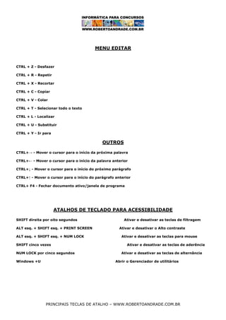 MENU EDITAR

CTRL + Z - Desfazer
CTRL + R - Repetir
CTRL + X - Recortar
CTRL + C - Copiar
CTRL + V - Colar
CTRL + T - Selecionar todo o texto
CTRL + L - Localizar
CTRL + U - Substituir
CTRL + Y - Ir para

OUTROS
CTRL+→ - Mover o cursor para o início da próxima palavra
CTRL+← - Mover o cursor para o início da palavra anterior
CTRL+↓ - Mover o cursor para o início do próximo parágrafo
CTRL+↑ - Mover o cursor para o início do parágrafo anterior
CTRL+ F4 - Fechar documento ativo/janela de programa

ATALHOS DE TECLADO PARA ACESSIBILIDADE
SHIFT direita por oito segundos
ALT esq. + SHIFT esq. + PRINT SCREEN
ALT esq. + SHIFT esq. + NUM LOCK
SHIFT cinco vezes
NUM LOCK por cinco segundos
Windows +U

Ativar e desativar as teclas de filtragem
Ativar e desativar o Alto contraste
Ativar e desativar as teclas para mouse
Ativar e desativar as teclas de aderência
Ativar e desativar as teclas de alternância
Abrir o Gerenciador de utilitários

PRINCIPAIS TECLAS DE ATALHO – WWW.ROBERTOANDRADE.COM.BR

 