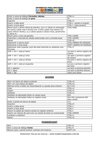 Exibir a caixa de diálogo Formatar células
Exibir a caixa de diálogo Ir para
Imprimir
Inserir a data atual
Inserir a hora atual
Mover para a última célula da planilha, que é a célula na interseção
da coluna usada mais à direita com a linha usada mais abaixo (no
canto inferior direito), ou a célula oposta à célula inicial, geralmente
a célula A1
Mover para o início da planilha
Preencher o intervalo de células selecionado com a entrada atual
Salvar
Selecionar a coluna atual
Selecionar a linha atual
Selecionar tudo (quando você não está inserindo ou editando uma
fórmula)
shift + ctrl + seta p/ baixo
shift + ctrl + seta p/ cima
shift + ctrl + seta p/ direita
shift + ctrl + seta p/ esquerda
ctrl + pgdown
ctrl + pgup
shfit + tab

CTRL+1
F5
CTRL+P
CTRL+; (ponto-e-vírgula)
CTRL+: (dois-pontos)
CTRL+END

CTRL+HOME
CTRL+ENTER
CTRL+B
CTRL+BARRA DE ESPAÇOS
SHIFT+BARRA DE ESPAÇOS
CTRL+T
vai para o ultimo registro da
coluna
vai para o primeiro registro
da coluna
vai para o ultimo registro da
linha
vai pra o primeiro registro
da linha
vai para a próxima planilha
vai para a planilha anterior
volta uma célula

ACCESS
Abrir um banco de dados existente
Abrir um novo banco de dados
Alternar entre o Editor do Visual Basic® e a janela ativa anterior
Colar
Copiar
Desfazer
Desfazer as alterações feitas no campo atual
Desfazer as alterações feitas no registro atual
Exibir a janela do banco de dados
Imprimir
Inserir a data atual
Inserir a hora atual
Inserir os dados do mesmo campo no registro anterior
Inserir um retorno de carro em um campo de texto ou memorando
Localizar e substituir
Salvar

CTRL+A
CTRL+O
ALT+F11
CTRL+V
CTRL+C
CTRL+Z
ESC
ESC ESC (pressione ESC
duas vezes)
F11
CTRL+P
CTRL+;
CTRL+:
CTRL+'
CTRL+ENTER
CTRL+L
CTRL+S

POWERPOINT
Abrir
Abrir a caixa de diálogo Fonte
Alternar para o painel anterior (sentido anti-horário)

CTRL+A
CTRL+F
SHIFT+F6

PRINCIPAIS TECLAS DE ATALHO – WWW.ROBERTOANDRADE.COM.BR

 