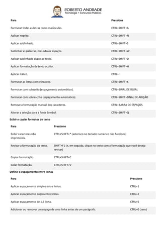 Para Pressione
Formatar todas as letras como maiúsculas. CTRL+SHIFT+A
Aplicar negrito. CTRL+SHIFT+N
Aplicar sublinhado. CTRL+SHIFT+S
Sublinhar as palavras, mas não os espaços. CTRL+SHIFT+W
Aplicar sublinhado duplo ao texto. CTRL+SHIFT+D
Aplicar formatação de texto oculto. CTRL+SHIFT+H
Aplicar itálico. CTRL+I
Formatar as letras com versalete. CTRL+SHIFT+K
Formatar com subscrito (espaçamento automático). CTRL+SINAL DE IGUAL
Formatar com sobrescrito (espaçamento automático). CTRL+SHIFT+SINAL DE ADIÇÃO
Remove a formatação manual dos caracteres. CTRL+BARRA DE ESPAÇOS
Alterar a seleção para a fonte Symbol. CTRL+SHIFT+Q
Exibir e copiar formatos de texto
Para Pressione
Exibir caracteres não
imprimíveis.
CTRL+SHIFT+* (asterisco no teclado numérico não funciona)
Revisar a formatação do texto. SHIFT+F1 (e, em seguida, clique no texto com a formatação que você deseja
revisar)
Copiar formatação. CTRL+SHIFT+C
Colar formatação. CTRL+SHIFT+V
Definir o espaçamento entre linhas
Para Pressione
Aplicar espaçamento simples entre linhas. CTRL+1
Aplicar espaçamento duplo entre linhas. CTRL+2
Aplicar espaçamento de 1,5 linha. CTRL+5
Adicionar ou remover um espaço de uma linha antes de um parágrafo. CTRL+0 (zero)
 