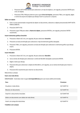 o Pressione SETA PARA BAIXO para selecionar um tipo de objeto e, em seguida, pressione ENTER para
criar um objeto.
o Pressione CTRL+TAB para alternar para a guia Criar do Arquivo, pressione TAB e, em seguida, digite
o nome do arquivo do objeto que deseja inserir ou procurar o arquivo.
Editar um objeto
1. Com o cursor posicionado à esquerda do objeto no documento, selecione o objeto pressionando SHIFT+SETA
PARA A DIREITA.
2. Pressione SHIFT+F10.
3. Pressione a guia TAB para obter o Nome do objeto, pressione ENTER e, em seguida, pressione ENTER
novamente.
Inserir elementos gráficos SmartArt
1. Pressione e libere ALT, N e, em seguida, M para selecionar SmartArt.
2. Pressione as teclas de direção para selecionar o tipo de elemento gráfico desejado.
3. Pressione TAB e, em seguida, pressione as teclas de direção para selecionar o elemento gráfico que deseja
inserir.
4. Pressione ENTER.
Inserir WordArt
1. Pressione e libere ALT, N e, em seguida, W para selecionar WordArt.
2. Use as teclas de direção para selecionar o estilo de WordArt desejado e pressione ENTER.
3. Digite o texto que deseja.
4. Pressione ESC para selecionar o objeto de WordArt e, em seguida, use as teclas de direção para mover o
objeto.
5. Pressione ESC novamente para retornar ao documento.
Mala direta e campos
Fazer uma mala direta
OBSERVAÇÃO Você deve estar na guia Correspondências para usar esses atalhos de teclado.
Para Pressione
Visualizar a mala direta. ALT+SHIFT+K
Mesclar um documento. ALT+SHIFT+N
Imprimir o documento mesclado. ALT+SHIFT+M
Editar um documento com dados de mala direta. ALT+SHIFT+E
Inserir um campo de mala direta ALT+SHIFT+F
Trabalhar com campos
 