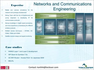 Expertise                                  Networks and Communications
   Matlab   and   Labview     simulations   for   the            Engineering
    research and prototype development

   Strong Team with the mix of Experienced and
    young    engineers    in   developing    IP    for
    communication protocols.

   Strong knowledge in digital signal processing
    and have experience in developing the different
    wireless products.

   Multiple access techniques – OFDMA, SC-
    FDMA, TDMA and CDMA

   Satellite receiver design and signal monitoring




    Case studies
        WiMAX Layer 1 and Layer 2 development
        SIP Stack for Symbian 7.0s
        3G WiFi Router / Access Point for Japanese OEM
        MELPe



                                              Contact: karthik@teclever.com
 