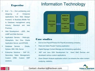 Expertise                              Information Technology
   End – To – End architecting and
    designing        of           Enterprise
                                                                                   Middle Tier
    applications from Web Design/
                                                                                   Application
    Frontend to Business Middle Tier                                                 Server
                                                                 Web Design
    to Database management using
                                                                                  Business Logic           Database
                                                                 Presentation
    Industry     Standard     and      best                         Layer
                                                                                                          Management
                                                                                      SOA
    Practices.                                                                     Components

   Web Development - J2EE, .Net,
    LAMP and Web Services
   Application Servers - WebLogic,
    Websphere,     Sun      One,     Oracle     Case studies
    Application Server, and MTS/IIS.              End to End Payroll Product for Payroll processing company.

   Database      Servers     -     Oracle,       Fleet and Sales People Tracking application

    Sybase, DB2, SQL Server                       Digital Signage Content Manage and Scheduling application.
   Enterprise Solutions – SAP B1,                .NET and Java SDK Development for               Hand Held Devices and
    Secondary     Sales     Management,            developed various custom applications
    Custom       CRM,     Custom       ERP        Down Stream Analysis application which Live streams the video content
    solutions.                                     analyzing statistics



                                          Contact: shankar.kj@teclever.com
 