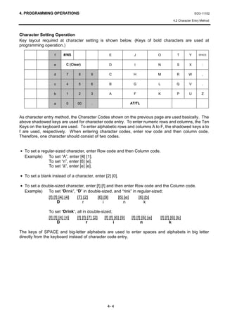 4. PROGRAMMING OPERATIONS                                                                                   EO3-11102

                                                                                             4.2 Character Entry Method



Character Setting Operation
Key layout required at character setting is shown below. (Keys of bold characters are used at
programming operation.)

                   f     #/NS                        E              J               O           T       Y      SPACE



                   e      C (Clear)                  D              I               N           S       X        :

                   d      7       8       9          C             H                M           R       W        ,

                   c      4       5       6          B             G                L           Q       V        .

                   b      1       2       3          A             F                K           P       U        Z

                   a      0      00       .                       AT/TL



As character entry method, the Character Codes shown on the previous page are used basically. The
above shadowed keys are used for character code entry. To enter numeric rows and columns, the Ten
Keys on the keyboard are used. To enter alphabetic rows and columns A to F, the shadowed keys a to
f are used, respectively. When entering character codes, enter row code and then column code.
Therefore, one character should consist of two codes.


• To set a regular-sized character, enter Row code and then Column code.
  Example)     To set “A”, enter [4] [1].
               To set “n”, enter [6] [e].
               To set “ä”, enter [e] [e].

• To set a blank instead of a character, enter [2] [0].

• To set a double-sized character, enter [f] [f] and then enter Row code and the Column code.
  Example)    To set “Drink”, “D” in double-sized, and “rink” in regular-sized;
              [f] [f] [4] [4]  [7] [2]    [6] [9]      [6] [e]    [6] [b]
                     D            r           i           n          k

                To set “Drink”, all in double-sized;
                [f] [f] [4] [4] [f] [f] [7] [2] [f] [f] [6] [9]   [f] [f] [6] [e]   [f] [f] [6] [b]
                       D               r               i                 n                 k

The keys of SPACE and big-letter alphabets are used to enter spaces and alphabets in big letter
directly from the keyboard instead of character code entry.




                                                    4- 4
 