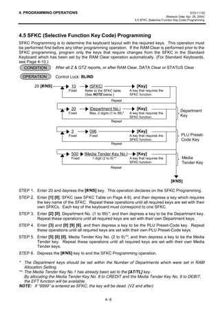 4. PROGRAMMING OPERATIONS                                                                                      EO3-11102
                                                                                            (Revision Date: Apr. 28, 2004)
                                                                     4.5 SFKC (Selective Function Key Code) Programming




4.5 SFKC (Selective Function Key Code) Programming
SFKC Programming is to determine the keyboard layout with the required keys. This operation must
be performed first before any other programming operation. If the RAM Clear is performed prior to the
SFKC programming, program only the keys that require changes from the SFKC in the Standard
Keyboard which has been set by the RAM Clear operation automatically. (For Standard Keyboards,
see Page 4-10.)
   CONDITION        After all Z  GTZ reports, or after RAM Clear, DATA Clear or STATUS Clear

  OPERATION         Control Lock: BLIND

        20 [#/NS]           10         |SFKC|                         [Key]
                           Fixed    Refer to the SFKC table.      A key that requires the
                                    (See NOTE below.)             SFKC function.
                                                      Repeat

                            20         |Department No.|               [Key]
                                                                                                       Department
                           Fixed       Max. 2 digits (1 to 99)*   A key that requires the
                                                                  SFKC function.                       Key
                                                      Repeat


                            3          096                            [Key]
                           Fixed       Fixed                      A key that requires the               PLU Preset-
                                                                  SFKC function.                        Code Key
                                                      Repeat


                            500     |Media Tender Key No.|            [Key]
                            Fixed       1 digit (2 to 9)**        A key that requires the               Media
                                                                  SFKC function.                        Tender Key
                                                      Repeat



                                                                                                [#/NS]

STEP 1. Enter 20 and depress the [#/NS] key. This operation declares on the SFKC Programming.
STEP 2. Enter [1] [0], SFKC (see SFKC Table on Page 4-9), and then depress a key which requires
        the key name of the SFKC. Repeat these operations until all required keys are set with their
        own SFKCs. Each key of the keyboard must correspond to one SFKC.
STEP 3. Enter [2] [0], Department No. (1 to 99)*, and then depress a key to be the Department key.
        Repeat these operations until all required keys are set with their own Department keys.
STEP 4. Enter [3] and [0] [9] [6], and then depress a key to be the PLU Preset-Code key. Repeat
        these operations until all required keys are set with their own PLU Preset-Code keys.
STEP 5. Enter [5] [0] [0], Media Tender Key No. (2 to 9)**, and then depress a key to be the Media
        Tender key. Repeat these operations until all required keys are set with their own Media
        Tender keys.
STEP 6. Depress the [#/NS] key to end the SFKC Programming operation.

* The Department keys should be set within the Number of Departments which were set in RAM
   Allocation Setting.
** The Media Tender Key No.1 has already been set to the [AT/TL] key.
   By allocating the Media Tender Key No. 8 to CREDIT and the Media Tender Key No. 9 to DEBIT,
   the EFT function will be available.
NOTE: If “9999” is entered as SFKC, the key will be dead. (V2 and after)


                                                 4- 8
 