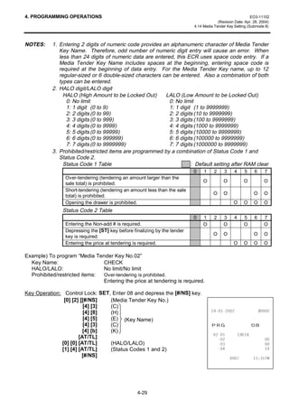 4. PROGRAMMING OPERATIONS                                                                                 EO3-11102
                                                                                       (Revision Date: Apr. 28, 2004)
                                                                          4.14 Media Tender Key Setting (Submode 8)



NOTES:     1. Entering 2 digits of numeric code provides an alphanumeric character of Media Tender
              Key Name. Therefore, odd number of numeric digit entry will cause an error. When
              less than 24 digits of numeric data are entered, this ECR uses space code entry. If a
              Media Tender Key Name includes spaces at the beginning, entering space code is
              required at the beginning of data entry. For the Media Tender Key name, up to 12
              regular-sized or 6 double-sized characters can be entered. Also a combination of both
              types can be entered.
           2. HALO digit/LALO digit
                HALO (High Amount to be Locked Out)       LALO (Low Amount to be Locked Out)
                 0: No limit                                0: No limit
                 1: 1 digit (0 to 9)                        1: 1 digit (1 to 9999999)
                 2: 2 digits (0 to 99)                      2: 2 digits (10 to 9999999)
                 3: 3 digits (0 to 999)                     3: 3 digits (100 to 9999999)
                 4: 4 digits (0 to 9999)                    4: 4 digits (1000 to 9999999)
                 5: 5 digits (0 to 99999)                   5: 5 digits (10000 to 9999999)
                 6: 6 digits (0 to 999999)                  6: 6 digits (100000 to 9999999)
                 7: 7 digits (0 to 9999999)                 7: 7 digits (1000000 to 9999999)
           3. Prohibited/restricted items are programmed by a combination of Status Code 1 and
              Status Code 2.
                Status Code 1 Table                                   : Default setting after RAM clear
                                                                          0    1     2     3    4      5    6     7
                Over-tendering (tendering an amount larger than the
                                                                               O          O           O           O
                sale total) is prohibited.
                Short-tendering (tendering an amount less than the sale
                                                                                    O     O                 O     O
                total) is prohibited.
                Opening the drawer is prohibited.                                               O     O     O     O
               Status Code 2 Table
                                                                          0    1     2    3     4     5     6     7
                Entering the Non-add # is required.                            O          O           O           O
                Depressing the [ST] key before finalizing by the tender
                                                                                    O     O                 O     O
                key is required.
                Entering the price at tendering is required.                                    O     O     O     O

Example) To program “Media Tender Key No.02”
  Key Name:                    CHECK
  HALO/LALO:                   No limit/No limit
  Prohibited/restricted items: Over-tendering is prohibited.
                               Entering the price at tendering is required.

Key Operation: Control Lock: SET, Enter 08 and depress the [#/NS] key.
               [0] [2] [[#/NS]   (Media Tender Key No.)
                        [4] [3]  (C)
                        [4] [8]  (H)                                                                  
                        [4] [5]  (E) (Key Name)
                        [4] [3]  (C)                                               35*                      
                        [4] [b]  (K)
                                                                                               +(.
                      [AT/TL]                                                                                  
              [0] [0] [AT/TL]    (HALO/LALO)                                                                   
              [1] [4] [AT/TL]    (Status Codes 1 and 2)                                                        
                        [#/NS]                                                                          70




                                                 4-29
 