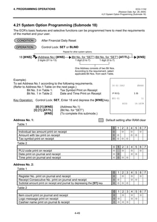 4. PROGRAMMING OPERATIONS                                                                                            EO3-11102
                                                                                                  (Revision Date: Apr. 28, 2004)
                                                                                 4.21 System Option Programming (Submode 18)




4.21 System Option Programming (Submode 18)
The ECR’s basic features and selective functions can be programmed here to meet the requirements
of the market and your user.

  CONDITION            After Financial Daily Reset

 OPERATION             Control Lock: SET or BLIND
                                            Repeat for other system options.

    18 [#/NS]       |Address No.| [#/NS]             |Bit No. for “SET”| |Bit No. for “SET”| [AT/TL]                  [#/NS]
                    2 digits (01 to 13)                  1 digit (0 to 7)      1 digit (0 to 7)


                                                         One Address consists of two Bit Nos.
                                                         According to the requirement, select
                                                         applicable Bit Nos. from each Table.

Example)
To set Address No.1 according to the following requirements.
                                                                                                              
(Refer to Address No.1 Table on the next page.)
           Bit No. 3 in Table 1:   Tax Symbol Print on Receipt
           Bit No. 1 in Table 2:   Date and Time Print on Receipt                           35*                    
                                                                                                                    
Key Operation: Control Lock: SET, Enter 18 and depress the [#/NS] key.
                                                                                                               70
                   [0] [1] [#/NS]         (Address No.1)
                 [3] [1] [AT/TL]          (Bit No. for “SET”)
                           [#/NS]         (To complete this submode.)

Address No. 1:                                                                     : Default setting after RAM clear
  Table 1
                                                                                             0 1 2 3 4 5 6 7
   Individual tax amount print on receipt                                                    O        O        O         O
   Amount with tax print on receipt                                                          O    O            O    O
   Tax symbol print on receipt                                                               O    O   O    O

  Table 2
                                                                                             0 1 2 3 4 5 6 7
   PLU code print on receipt                                                                 O        O        O         O
   Date print on journal and receipt                                                         O    O            O    O
   Time print on journal and receipt                                                         O    O   O    O


Address No. 2:
  Table 1
                                                                                             0 1 2 3 4 5 6 7
   Register No. print on journal and receipt                                                 O        O        O         O
   Receipt Consecutive No. print on journal and receipt                                      O    O            O    O
   Subtotal amount print on receipt and journal by depressing the [ST] key                   O    O   O    O

  Table 2
                                                                                             0 1 2 3 4 5 6 7
   Item count print on journal and receipt                                                   O        O        O          O
   Logo message print on receipt                                                             O    O            O    O
   Cashier name print on journal  receipt                                                   O    O   O    O




                                                        4-49
 
