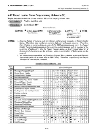 4. PROGRAMMING OPERATIONS                                                                                                                                  EO3-11102

                                                                                                 4.27 Report Header Name Programming (Submode 32)




4.27 Report Header Name Programming (Submode 32)
Report Header Names to be printed on each Report can be programmed here.
  CONDITION      Anytime outside a sale

 OPERATION             Control Lock: SET
                                                       Repeat for other items.

         32 [#/NS]             |Item Code| [#/NS]                        Character entry                             [AT/TL]                               [#/NS]
                              (See Table below.)                         Max. 24 characters                          Indicates the end of each
                                                                         (See NOTE 1 below.)                         item name.
                                                                                                                     (Any unprogrammed parts
                                                                                                                     will be filled with blanks.)

NOTES:     1. Entering 2 digits of numeric code provides an alphanumeric character of Report Header
              Name. Therefore, odd number of numeric digit entry will cause an error. When less
              than 48 digits of numeric data are entered, this ECR uses space code entry. If a Report
              Header Name includes spaces at the beginning, entering space code is required at the
              beginning of data entry. For the Report Header Name, up to 24 regular-sized or 12
              double-sized characters can be entered. Also a combination of both types can be
              entered.
           2. As shown in the table below, the Standard Program Report Header is prepared for each
               Item Code. (which is auto-set after a RAM Clear). Therefore, program only the Report
               Header that needs to be changed.

                                           Read/Reset Report Name Table
Item
                         Contents                                                                    Standard Program
Code
  01   Message of stopped Report                       -       - - -                 S T O P P E D                     R E P O R T                     - - - -
  02   Hourly Report Header                                                            H O U R L Y                     R E P O R T
  03   Cashier Report Header                                                             C A S H I E R                     R E P O R T
  04   PLU Report Header                                                                     P L U             R E P O R T
  05   Maintenance PLU Report Header                                                 S K U            P L U            R E P O R T
  06   Financial Report Header                         *                     F I N A N C I A L                             R E P O R T                                     *
  07   Message of PLU Delete                           * * * * * *                           P L U             D E L E T E                 * * * * * *
  08   Department Programmed Data Read Report Header   * * * * * *                           D E P A R T M E N T                           * * * * * *
  09   System Read Report Header                       * * * *                       S Y S T E M                 P R E S E T                       * * * * *
  10   PLU Programmed Data Read Report Header          * * * * * * * * *                                  P L U            * * * * * * * * * *
  11   Partition hyphens                               -         -           -           -       -        -      -         -       -       -           -           -
  12   Partition slashes                               /       / /       /   /       /   /   /   /    /   /    / /     /   /   /   /   /   /       /   /       /   /       /
  13   Partition “*****”                               * * * * * * * * * * * * * * * * * * * * * * * *
  14   Key Code Preset Read Report Header              K E Y                 C O D E                  .   .    . .     .   .   .   .       P R E S E T
  15   Message of Status Clear                         S T A T U S - C
  16   Message of RAM Clear                            R A M - C
  17   Department Report Header                                              D E P A R T M E N T                               R E P O R T
  18   Memory OK Message                               .       . .       .   .       .       M E M O R Y                       O K         .       .   .       .   .       .
  19   Memory Over Message                             !       ! !       !   !           M E M O R Y                       O V E R                 !   !       !   !       !
  20   Power Failure                                   * * * * * *                           P O WE R                  F A I L             * * * * * *
  21   Printer Error                                   ~         ~           ~           ~       ~        ~      ~         ~       ~       ~           ~           ~
  22   Invoice Message                                            I          N           V       O         I     C         E
  23   All Void Message                                    *         *                   A        L       L                V       D                       *           *
  24   Hold Message                                                              *                H       O      L         D                   *



                                                               4-59
 
