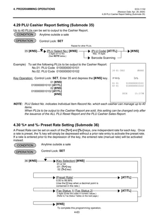 4. PROGRAMMING OPERATIONS                                                                                                EO3-11102
                                                                                                     (Revision Date: Apr. 28, 2004)
                                                                                      4.29 PLU Cashier Report Setting (Submode 35)




4.29 PLU Cashier Report Setting (Submode 35)
Up to 40 PLUs can be set to output to the Cashier Report.
  CONDITION       Anytime outside a sale

  OPERATION          Control Lock: SET
                                                   Repeat for other PLUs.

         35 [#/NS]         |PLU Select No.| [#/NS]                        |PLU Code| [AT/TL]                       [#/NS]
                            2 digits (01 to 40)                             Max. 14 digits
                            (See NOTE below.)
                                                                          Barcode Scanning

Example) To set the following PLUs to be output to the Cashier Report:
           No.01: PLU Code 01000000010101
           No.02: PLU Code 01000000010102                                                                       


Key Operation: Control Lock: SET, Enter 35 and depress the [#/NS] key.                          35*                   
                           01 [#/NS]                                                                      
              01000000010101 [AT/TL]                                                                      
                           02 [#/NS]
              01000000010102 [AT/TL]
                              [#/NS]                                                                                70



NOTE: PLU Select No. indicates Individual Item Record No. which each cashier can manage up to 40
      items.
      When PLUs to be output to the Cashier Report are sold, this setting can be changed only after
      the issuance of the ALL PLU Reset Report and the PLU Cashier Sales Report.


4.30 %+ and %- Preset Rate Setting (Submode 36)
A Preset Rate can be set on each of the [%+] and [%-] keys, one independent rate for each key. Once
a rate is preset, the % key will simply be depressed without a prior rate entry to activate the preset rate.
If a rate is entered prior to the depression of the key, the entered rate (manual rate) will be activated
instead.
    CONDITION           Anytime outside a sale

  OPERATION           Control Lock: SET


         36 [#/NS]                  |Key Selection| [#/NS]
                                    01 or 02
                                    (01: [%+] key
                                     02: [%-] key)


                                    |Preset Rate|                                                        [AT/TL]
                                    0.00 to 99.99%
                                    (Use the [.] key when a decimal point is
                                    contained in the rate.)

                                    |Tax Status 1| |Tax Status 2|                                        [AT/TL]
                                    2 digits (Enter the codes in numeric values.)
                                    (Refer to Tax Status Tables on the next page.)


                                    [#/NS]
                                     To complete this programming operation.
                                                       4-63
 
