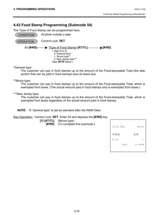 4. PROGRAMMING OPERATIONS                                                                         EO3-11102

                                                                    4.43 Food Stamp Programming (Submode 54)




4.43 Food Stamp Programming (Submode 54)
The Type of Food Stamp can be programmed here.
   CONDITION        Anytime outside a sale

  OPERATION         Control Lock: SET

        54 [#/NS]         |Type of Food Stamp| [AT/TL]              [#/NS]
                            1 digit (0 to 2)
                              0: General type*
                              1: Illinois type**
                              2: New Jersey type***
                            (See NOTE below.)

*General type:
    The customer can pay in food stamps up to the amount of the Food-stampable Total (the sale
    portion that can be paid in food stamps) plus its taxes due.

**Illinois type:
        The customer can pay in food stamps up to the amount of the Food-stampable Total, which is
        exempted from taxes. (The actual amount paid in food stamps only is exempted from taxes.)

***New Jersey type:
     The customer can pay in food stamps up to the amount of the Food-stampable Total, which is
     exempted from taxes regardless of the actual amount paid in food stamps.


  NOTE: “0: General type” is set as standard after the RAM Clear.

Key Operation: Control Lock: SET, Enter 54 and depress the [#/NS] key.
                  [1] [AT/TL] (Illinois type)
                        [#/NS] (To complete this submode.)
                                                                                          


                                                                             35*                 
                                                                                                    

                                                                                              70




                                                4-74
 