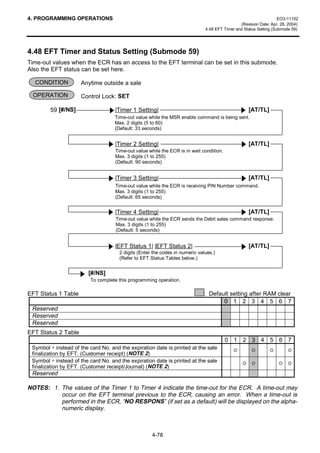 4. PROGRAMMING OPERATIONS                                                                                          EO3-11102
                                                                                               (Revision Date: Apr. 28, 2004)
                                                                              4.48 EFT Timer and Status Setting (Submode 59)




4.48 EFT Timer and Status Setting (Submode 59)
Time-out values when the ECR has an access to the EFT terminal can be set in this submode.
Also the EFT status can be set here.

  CONDITION          Anytime outside a sale

 OPERATION           Control Lock: SET

        59 [#/NS]                   |Timer 1 Setting|                                               [AT/TL]
                                    Time-out value while the MSR enable command is being sent.
                                    Max. 2 digits (5 to 60)
                                    (Default: 33 seconds)


                                    |Timer 2 Setting|                                               [AT/TL]
                                    Time-out value while the ECR is in wait condition.
                                    Max. 3 digits (1 to 255)
                                    (Default: 90 seconds)


                                    |Timer 3 Setting|                                               [AT/TL]
                                    Time-out value while the ECR is receiving PIN Number command.
                                    Max. 3 digits (1 to 255)
                                    (Default: 65 seconds)


                                    |Timer 4 Setting|                                               [AT/TL]
                                    Time-out value while the ECR sends the Debit sales command response.
                                    Max. 3 digits (1 to 255)
                                    (Default: 5 seconds)


                                    |EFT Status 1| |EFT Status 2|                                   [AT/TL]
                                      2 digits (Enter the codes in numeric values.)
                                      (Refer to EFT Status Tables below.)


                         [#/NS]
                         To complete this programming operation.

EFT Status 1 Table                                                           : Default setting after RAM clear
                                                                                    0 1 2 3 4 5 6 7
 Reserved
 Reserved
 Reserved
EFT Status 2 Table
                                                                                         0 1 2 3 4 5 6 7
 Symbol ∗ instead of the card No. and the expiration date is printed at the sale            O        O        O        O
 finalization by EFT. (Customer receipt) (NOTE 2)
 Symbol ∗ instead of the card No. and the expiration date is printed at the sale                O    O             O   O
 finalization by EFT. (Customer receipt/Journal) (NOTE 2)
 Reserved

NOTES: 1. The values of the Timer 1 to Timer 4 indicate the time-out for the ECR. A time-out may
          occur on the EFT terminal previous to the ECR, causing an error. When a time-out is
          performed in the ECR, “NO RESPONS” (if set as a default) will be displayed on the alpha-
          numeric display.



                                                     4-78
 
