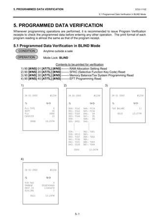 5. PROGRAMMED DATA VERIFICATION                                                                               EO3-11102

                                                                           5.1 Programmed Data Verification in BLIND Mode




5. PROGRAMMED DATA VERIFICATION
Whenever programming operations are performed, it is recommended to issue Program Verification
receipts to check the programmed data before entering any other operation. The print format of each
program reading is almost the same as that of the program receipt.

5.1 Programmed Data Verification in BLIND Mode
   CONDITION            Anytime outside a sale

   OPERATION            Mode Lock: BLIND

                                Contents to be printed for verification
     1) 90 [#/NS] 01 [AT/TL] [#/NS] -------- RAM Allocation Setting Read
     2) 90 [#/NS] 20 [AT/TL] [#/NS] -------- SFKC (Selective Function Key Code) Read
     3) 90 [#/NS] 30 [AT/TL] [#/NS] -------- Memory Balance/Tax System Programming Read
     4) 90 [#/NS] 40 [AT/TL] [#/NS] -------- EFT Programming Read

     1)                                2)                                        3)


                                                                        


          6                               6                                        6                    
          3/873(                            )$    )                    7$; %$/$1                 
          '(37                               )    )
          3/8                              )                                          70
          $6+,(5                            )$      
                                                     
                     70               '3    



                                                     7'
                                               '3      
                                               )      7'
                                               )      
                                               )      7'
                                               )      7'

                                                             70


     4)


                   


          6               
          3,1 3$'               
          3+21(       
          +267 ,'        
          ',$/,1*               

                     70




                                                   5- 1
 