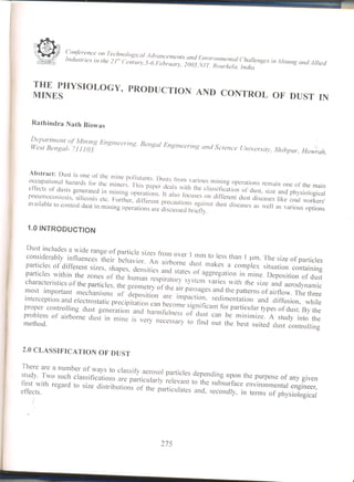 THE PHYSIOLOGY, PRODUCTION AND CONTROL OF DUST IN MINES