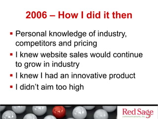 2006 – How I did it then
 Personal knowledge of industry,
competitors and pricing
 I knew website sales would continue
to grow in industry
 I knew I had an innovative product
 I didn’t aim too high
 