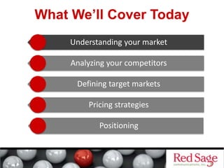 What We’ll Cover Today
Understanding your market
Analyzing your competitors
Defining target markets
Pricing strategies
Positioning
 