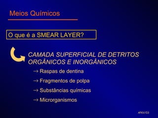 Meios Químicos


O que é a SMEAR LAYER?


     CAMADA SUPERFICIAL DE DETRITOS
     ORGÂNICOS E INORGÂNICOS
       → Raspas de dentina
       → Fragmentos de polpa
       → Substâncias químicas
       → Microrganismos

                                  APKV/03
 